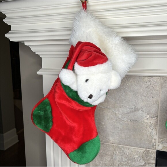 Vintage 3D White BEAR CHRISTMAS STOCKING Green Red Hat Prima Creations - Picture 1 of 5